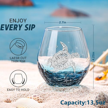 Physkoa Sea Turtle Gifts for Women-13.5oz Sea Turtle Wine Glasses set of 2 - Crackle teal design turtle wine glasses-Hand blown Stemless Wine Glass -Sea lovers Gifts for Birthday，Mothers Day - color: White（2 Count）