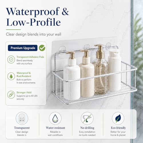 8 Pcs Adhesive Shower Caddy Replacement, Strong No Drill Adhesive Hooks | Holds 40lbs, For Bathroom Storage Shelves and Kitchen Racks, Waterproof & Transparent Strips for Tile, Glass, Smooth Walls - color: Transparent 8 PCS