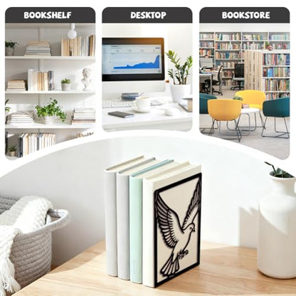 5.3"x4.3"x7.9" Metal Bookends, Heavy Duty Book Ends for Shelves | Pigeon Theme Cast Iron Book Supports, 1 Pair Decor Stoppers for Desk, Library, Office & Home Shelves - style: Pigeon