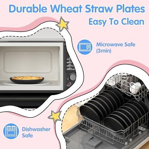Quatish 16 PCS Unbreakable Reusable Plastic Plates,8 inch Dishwasher & Microwave Safe Dinner Plate, Easy-to-Clean Lightweight,Portable for Kitchen & Picnics Wheat Straw Plates （Black） - color: Black