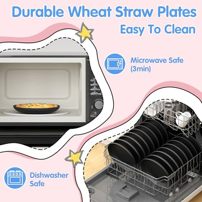 Quatish 10 PCS Reusable Plastic Plates,8 inch Dinner Plate,Plate set，Black | Unbreakable,Dishwasher & Microwave Safe, Easy-to-Clean,Lightweight,Portable,for Camping Salad, Kitchen & Picnics,Wheat Straw - color: Black