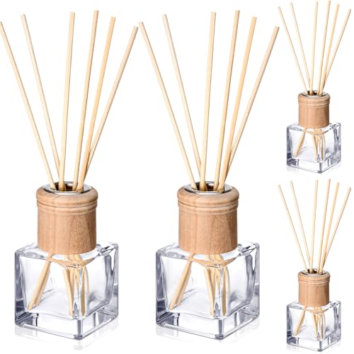 Roshtia 4 Set Reed Diffuser Bottles 50ml Glass Wooden Caps Rattan Sticks | Empty Refillable DIY Oils, Mini Square Jars Bulk, Ideal Home Office Aromatherapy Gifts, 1.7 Oz Fragrance Container