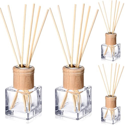 Roshtia 4 Set Reed Diffuser Bottles 50ml Glass Wooden Caps Rattan Sticks | Empty Refillable DIY Oils, Mini Square Jars Bulk, Ideal Home Office Aromatherapy Gifts, 1.7 Oz Fragrance Container