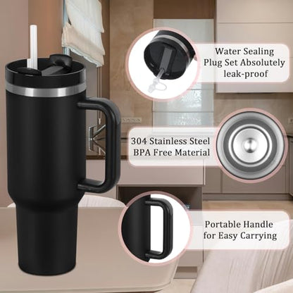 4 Pack 40 Oz Tumbler with Handle Bulk, Double Wall Vacuum Insulated Stainless Steel Tumbler with Lid and Straw, 40 oz cup with Silicone Spill Proof Stopper Set (Black) - color: Black