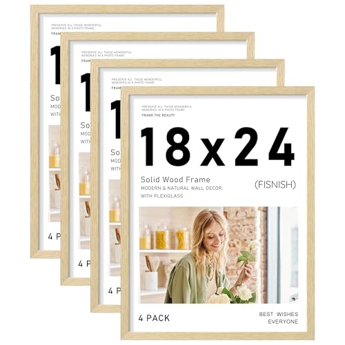 18x24 Picture Frame Set of 4, Natural Solid Wood Frames, for Wall | Display 18x24 Photos without Mat, Horizontal or Vertical - color: Natural, size: 18x24