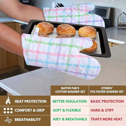 Native Fab 4 Piece Set - 2 Oven Mitts & 2 Potholders, Heat Resistant, 100% Cotton, Quilted Design, Non-Slip Grip, Ideal for Baking, Cooking, BBQ, Kitchen Protection, Multi-Color Checks - color: Multicolor