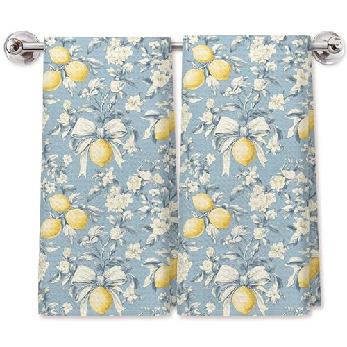 Blue Coquette Bow Flower Lemon Kitchen Towels Set of 2, Vintage Rustic Lemon Dish Tea Towels for Kitchen Decor, Cottagecore Shabby Chic Floral Hand Towels for Bathroom Decor, 16x24 Inch - color: Lemon Towels Set of 2