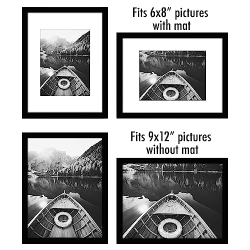 Americanflat 9x12 Picture Frame 2-Pack - Matted to 6x8 - Black | Slim Molding construction, Polished plexiglass front, wall or tabletop display with included easel, sawtooth hangers included - color: Black, size: 9x12