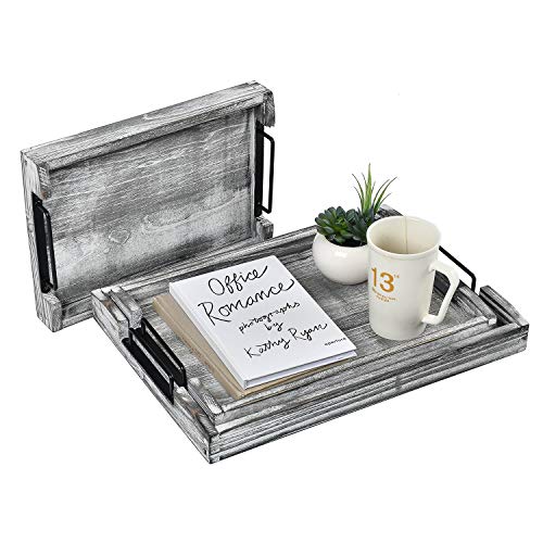 Country Rustic Torched Wood Nesting Breakfast Serving Trays with Handles, Set of 3 (White Grayish) - color: White Grayish