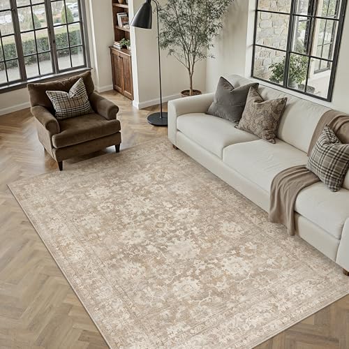 5x7 Beige Retro Distressed Washable Area Rug for Living Room | Low Pile, Non Slip, Vintage Distressed, Soft Indoor Rug for Living Room, Bedroom, Dining Room, Office, Home Decor - color: A| Beige, size: 5' x 7' (Rectangular)