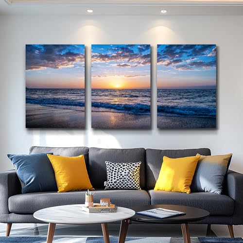 hyidecorart Set of 3 Wall Art Canvas Prints, Beach Sunrise Sunset Pictures Wall Decor Ocean Waves Nature Seascape Poster Coastal Landscape Painting for Living Room, Bedroom, Office Home Decor - color: Blue Sea View, size: 12x16inches*3pcs