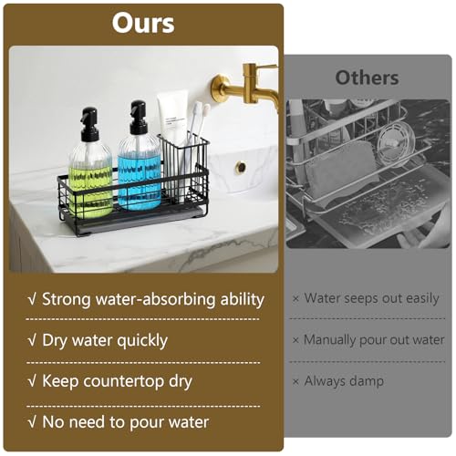 Kitchen Dish Soap Dispenser Set with Tray for Countertop Organizer, Black | 14OZ Glass Bottle with Rustproof 304 Stainless Steel Sponge Holder and Instant Dry Tray, Hand and Dish Soap Dispenser Set - color: Black + Dark Grey + Transparent
