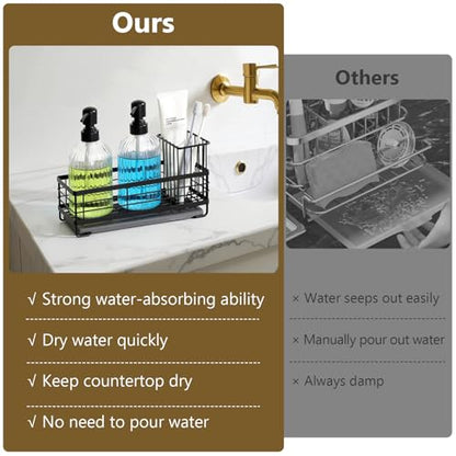 Kitchen Dish Soap Dispenser Set with Tray for Countertop Organizer, Black | 14OZ Glass Bottle with Rustproof 304 Stainless Steel Sponge Holder and Instant Dry Tray, Hand and Dish Soap Dispenser Set - color: Black + Dark Grey + Transparent