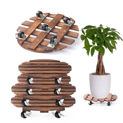 4 Pack Plant Caddy with 5 Wheels, Wood Rolling Plant Stand 220 LB Heavy Duty, Plant Dolly with Metal 360° Lockable Caster Wheels for Outdoor Indoor Large Plant Pots, Flower Pot, Patio (14"+14"+12"+12") - size: 14"+14"+12"+12"