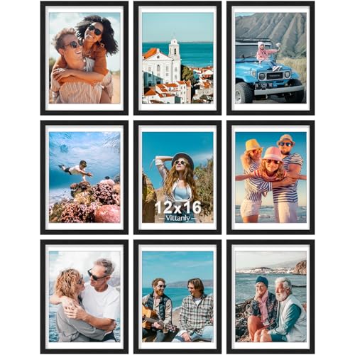 Vittanly 12x16 Picture Frames Set of 9 for Wall Mounting, Black | Display Pictures 11x14 with Mat or 12x16 without Mat, Engineered Wood with Shatter Resistant Plexiglass, Gallery Photo Frames - color: Black, size: 12x16