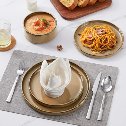 LIANYU Dinnerware Sets for 4, 12 Piece Modern Stoneware Dishes Set | Elegant Plate and Bowl, Ceramic Dining Dishware for Dinner, Rustic Terracotta Bottom, Microwave & Dishwasher Safe, Amber Gold - color: Amber Gold