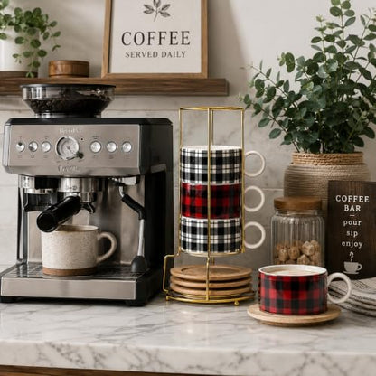 LUKA Porcelain Espresso Cup with Metal Stand,6 Ounce Stackable Ceramic Demitasse Espresso Mugs Cappuccino Cups Set for Latte,Coffee,Cafe Mocha,Tea - Set of 4 (Plaid Red & Gray) - color: Red Black Plaid
