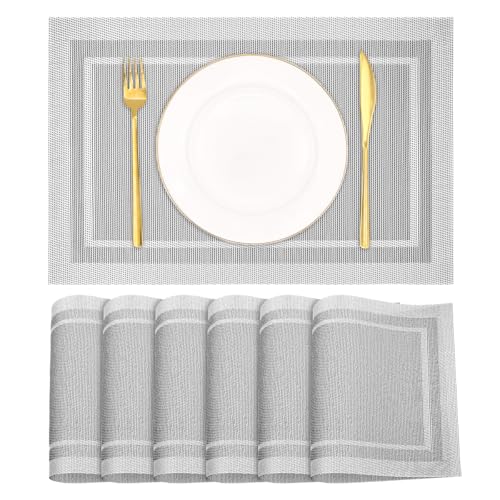 Placemats Set of 6, Heat Resistant Place Mats, Washable PVC Table Mats, Woven Vinyl Placemats, Non-Slip Stain Resistan Plastic Placemats for Table (Silver, 6) - color: Silver
