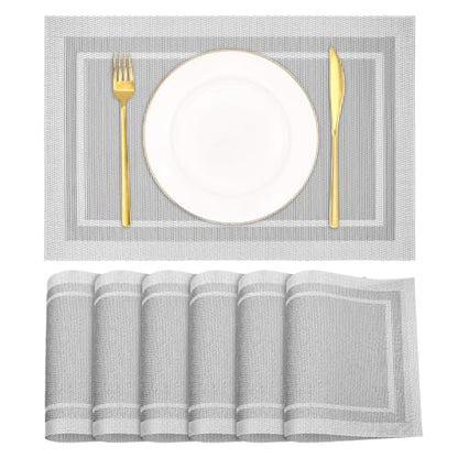 Placemats Set of 6, Heat Resistant Place Mats, Washable PVC Table Mats, Woven Vinyl Placemats, Non-Slip Stain Resistan Plastic Placemats for Table (Silver, 6) - color: Silver