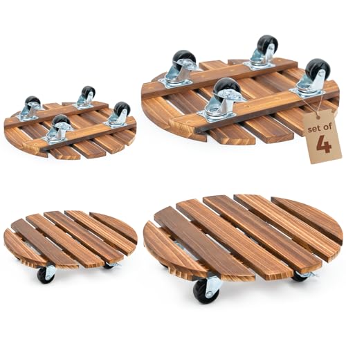 Bamworld Plant Stand with Wheels Plant Caddy Outdoor 4 Pack 12in Rolling Planter Caddy with Swiveling and Lockable Caster for Indoor Patio Plant Dolly Wood Wheeled Mobile Roller - size: 12inch-Round-4 pack