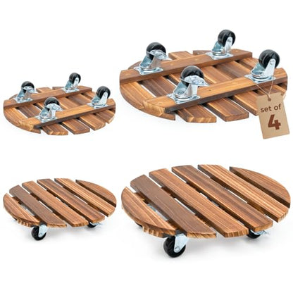 Bamworld Plant Stand with Wheels Plant Caddy Outdoor 4 Pack 12in Rolling Planter Caddy with Swiveling and Lockable Caster for Indoor Patio Plant Dolly Wood Wheeled Mobile Roller - size: 12inch-Round-4 pack