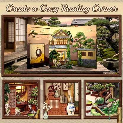 Japanese Book Nook Kit, Serene Courtyard | DIY Miniature House 3D Wooden Puzzles for Adults Japan Bookshelf Decor with LED Lights - style: Serene Courtyard