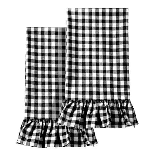 HunnmingRe Matte Black Kitchen Towels Set of 2, 100% Cotton Ruffled Gingham Dish Towels 18"x28" Tea Cloths Classic Plaid Pattern for Farmhouse Charm, Drying Dishes, Entertaining Guests - color: Matte Black, style: Gingham