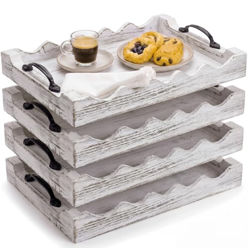 4 Pcs Rustic Wood Scalloped Serving Tray Wood Decorative Serving Tray with Handle Rustic Rectangular Trays 13 x 9.5 Inches for Farmhouse Ottoman Breakfast Coffee Table Home Decor(White) - color: White