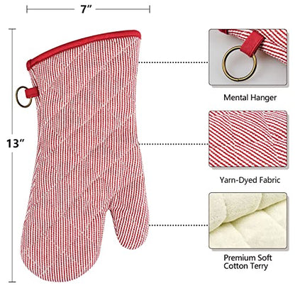 Yarn Dyed Oven Mitts 1 Pair， 100% Cotton Heat Resistant 470 Degree | Oven Gloves for Men Women Cooking Baking Barbecue BBQ Microwave Crafting Machine Washable Pot Holders Mittens (Red 2) - color: Oven Mitts - Red 2