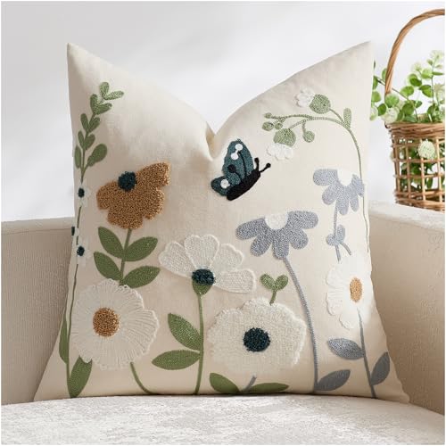 Floral Embroidered Spring Pillow Cover 18x18 Summer Boho Cute Accent Decorative Throw Pillow Cover for Living Room Couch Bedroom Sofa Home Decor - color: Flower Butterfly, size: 18" x 18" (Pack of 1)