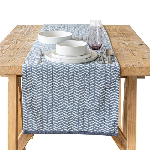 Over&Back 18x90 Hand-Blocked Printed Cotton Table Runner - Washable Table Runners for a Custom Home Decor Tablescape - Perfect for Coffee Table, Dinner Table, Living Room, and More - Blue Herringbone - color: Blue Herringbone, size: Runner | 18x90