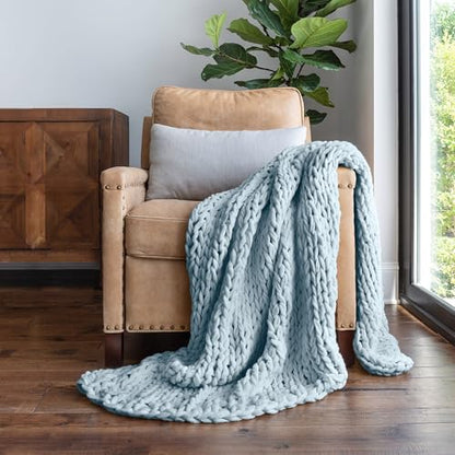 Merit Linens Chunky Knit Throw Blanket - One Size Light Blue - color: Chunky Hand-knit Light Blue