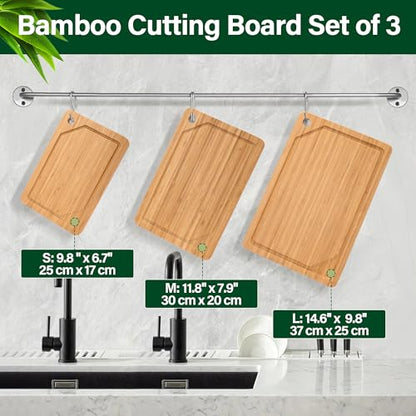 Bamboo Cutting Board Set of 3, Cutting Boards For Kitchen with Juice Groove, Bamboo Chopping Board Set, Serving Board Set for Meat, Vegetable and Cheese - color: Bamboo Set of 3 with Hole
