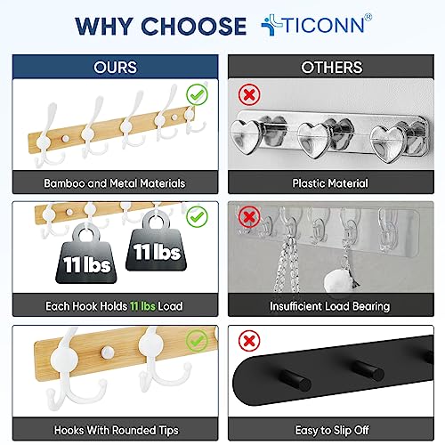 TICONN Wall Mounted Coat Rack, Five Heavy Duty Tri Hooks All Metal Construction for Jacket Coat Hat in Mudroom Entryway (Wood White, 1-Pack) - color: Wood White