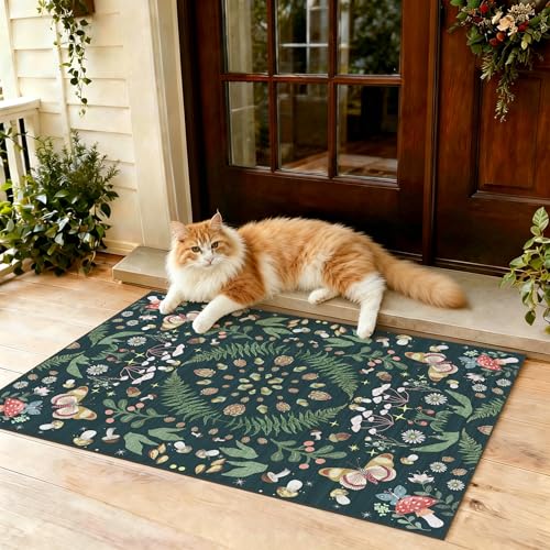 Washable 2x3 Entryway Rug: Non Slip Butterfly Door Mat Indoor with Rubber Backing for Living Room Bedroom Soft Non Shedding Ultra-Thin Farmhouse Carpet Runner（Black Green，2x3） - color: Black Green, size: 2' x 3' (Runner)