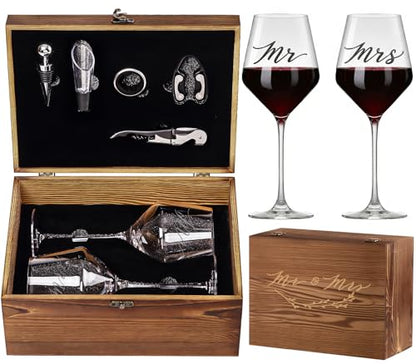 Wedding/Anniversary/Engagement/Bridal Shower and Bachelorette Gifts for Couples,Bride & Newlywed, Engraved Mr and Mrs Wine Glasses with 5-Piece Wine Accessory Kit - style: Mr & Mrs + Box