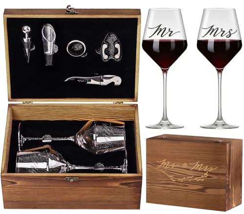 Wedding/Anniversary/Engagement/Bridal Shower and Bachelorette Gifts for Couples,Bride & Newlywed, Engraved Mr and Mrs Wine Glasses with 5-Piece Wine Accessory Kit - style: Mr & Mrs + Box