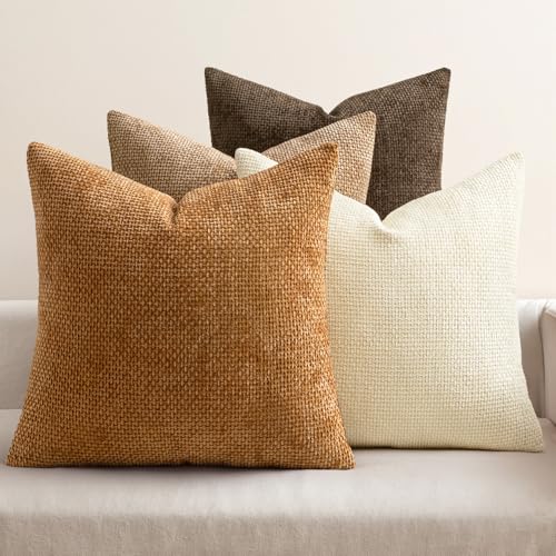 MIULEE Soft Decorative Chenille Fall Pillow Covers Brown 16x16 Pack of 4 | Rustic Home Decor, Layered Brown Collection, Couch Throw Pillows, Farmhouse Boho Cushion Covers for Sofa Bed Living Room - color: Brown, size: 16" x 16" (Pack of 4)