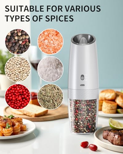 CIRCLE JOY Gravity Electric Salt and Pepper Grinder Set with 2-Speed, Rechargeable Salt and Pepper Grinder Set, Adjustable Coarseness, Whiet LED Light - color: Silver Variable Speeds, size: KYMQ + Rechargeable