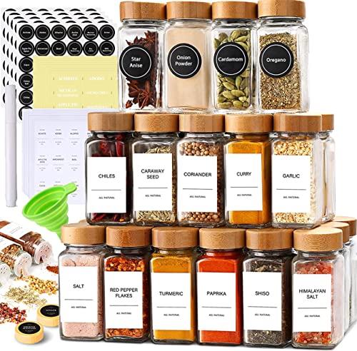 24-Piece Spice Jars Set by Le'raze: Glass Jars with Bamboo Lids, Labels & Funnel, Airtight Kitchen Storage