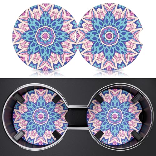 2 Pack Car Cup Holder Coasters, 2.63 inch Anti Slip Insert Absorbent Ceramic Coasters with Cork Base and Finger Notch, Cute Car Accessories Interior for Women - color: Bohemian