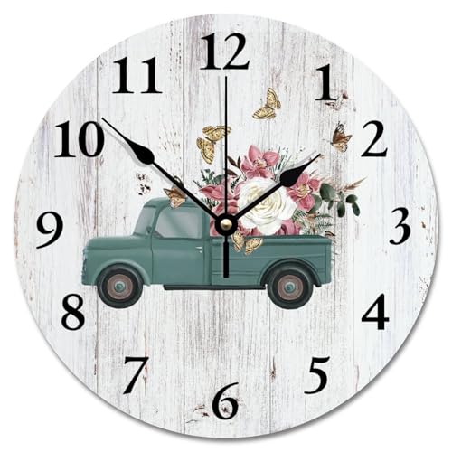 10 Inch Wall Clock Modern Farmhouse Vintage Pickup Truck Round Decorative Clocks Battery Operated Silent Farmhouse Decor for Living Room Bedroom Office Kitchen Wedding Gift - color: Style-1, size: 10x10 in