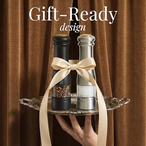 Styled Settings Electric Salt and Pepper Grinder Set, Black & silver | Automatic Stainless Steel Grinders, LED Light, Battery Operated, Adjustable Coarseness, Wood Base, Salt And Pepper Mill - color: Black & Silver