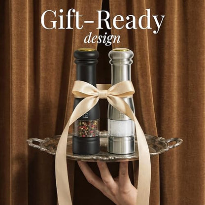 Styled Settings Electric Salt and Pepper Grinder Set, Black & silver | Automatic Stainless Steel Grinders, LED Light, Battery Operated, Adjustable Coarseness, Wood Base, Salt And Pepper Mill - color: Black & Silver