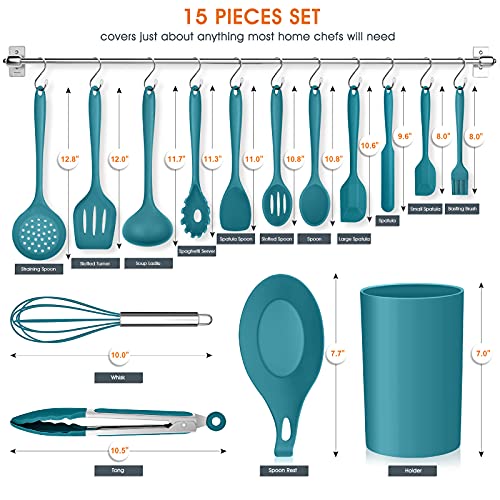 Teal Blue Kitchen Utensils Set, E-far 15-Piece Silicone Cooking Utensils with Holder, Non-stick Cookware Friendly & Heat Resistant, Includes Ladle Spatula Spoon Slotted Turner for Cooking & Baking - color: Teal Blue