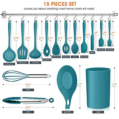 Teal Blue Kitchen Utensils Set, E-far 15-Piece Silicone Cooking Utensils with Holder, Non-stick Cookware Friendly & Heat Resistant, Includes Ladle Spatula Spoon Slotted Turner for Cooking & Baking - color: Teal Blue