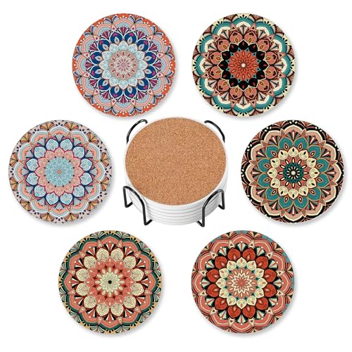 Drink Coasters for Drinks Set of 6,Mandala Absorbent Round Ceramic Stone Mat Coaster,with Cork Base and Metal Holder, Home Bar Decor House Warming Gift - color: Mandala