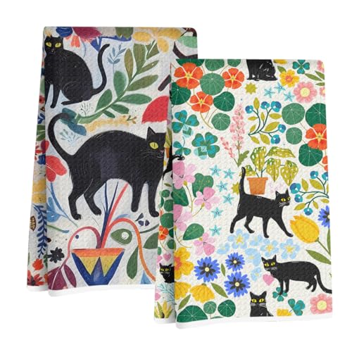 2 Pcs Cat Kitchen Towels, Cats Floral Tea Towel Decorative Hand Towels - color: Multi 1345