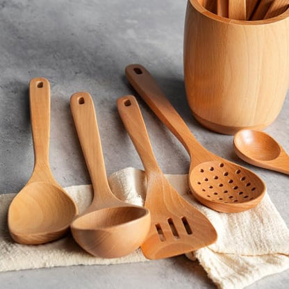 11 PCS WOSPONFAN Kitchen Utensils Set - Wooden Spoons for Cooking, Natural Beech Wood Wooden Utensils - Includes Wooden Spoons, Spatula Set, Slotted Spoon - Handmade Wooden Spoon Set | Heat Resistant, Non-Scratch, Safe for Nonstick Pan, Easy to Clean, Dai