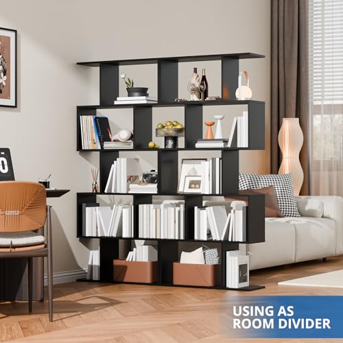 Set of 2 Geometric Bookcase, S-Shaped Modern Bookshelf, Room Divider Bookshelf, 62" Tall Unique Abstract Bookcase with 5-Tier Display Shelf for Living Room Office, Black - color: Black
